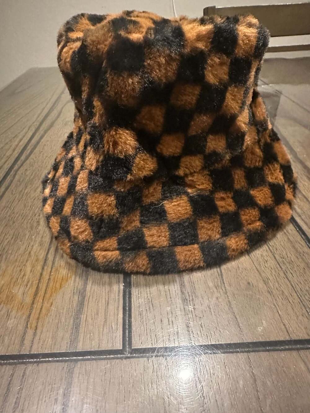 Princess Polly Faux Fur Checkerboard Bucket Hat Brown Black